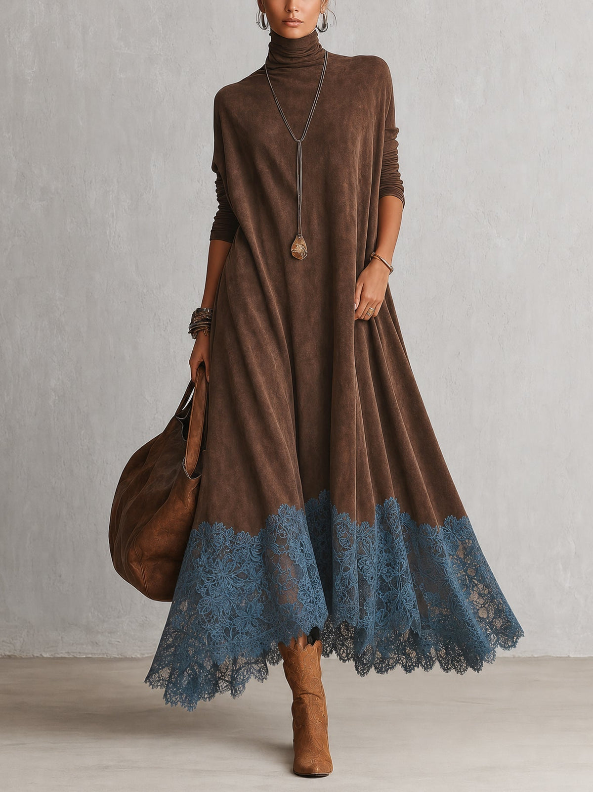 Brunella| Vestido Largo Efecto Ante con Bajo de Encaje