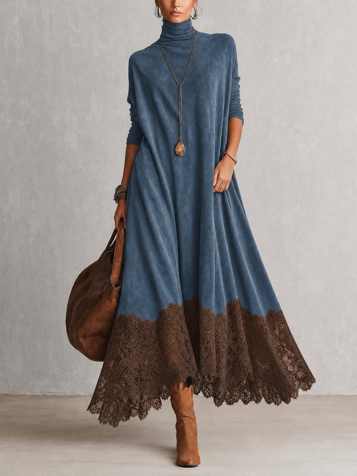 PETRA | Vestido Largo Efecto Ante con Bajo de Encaje