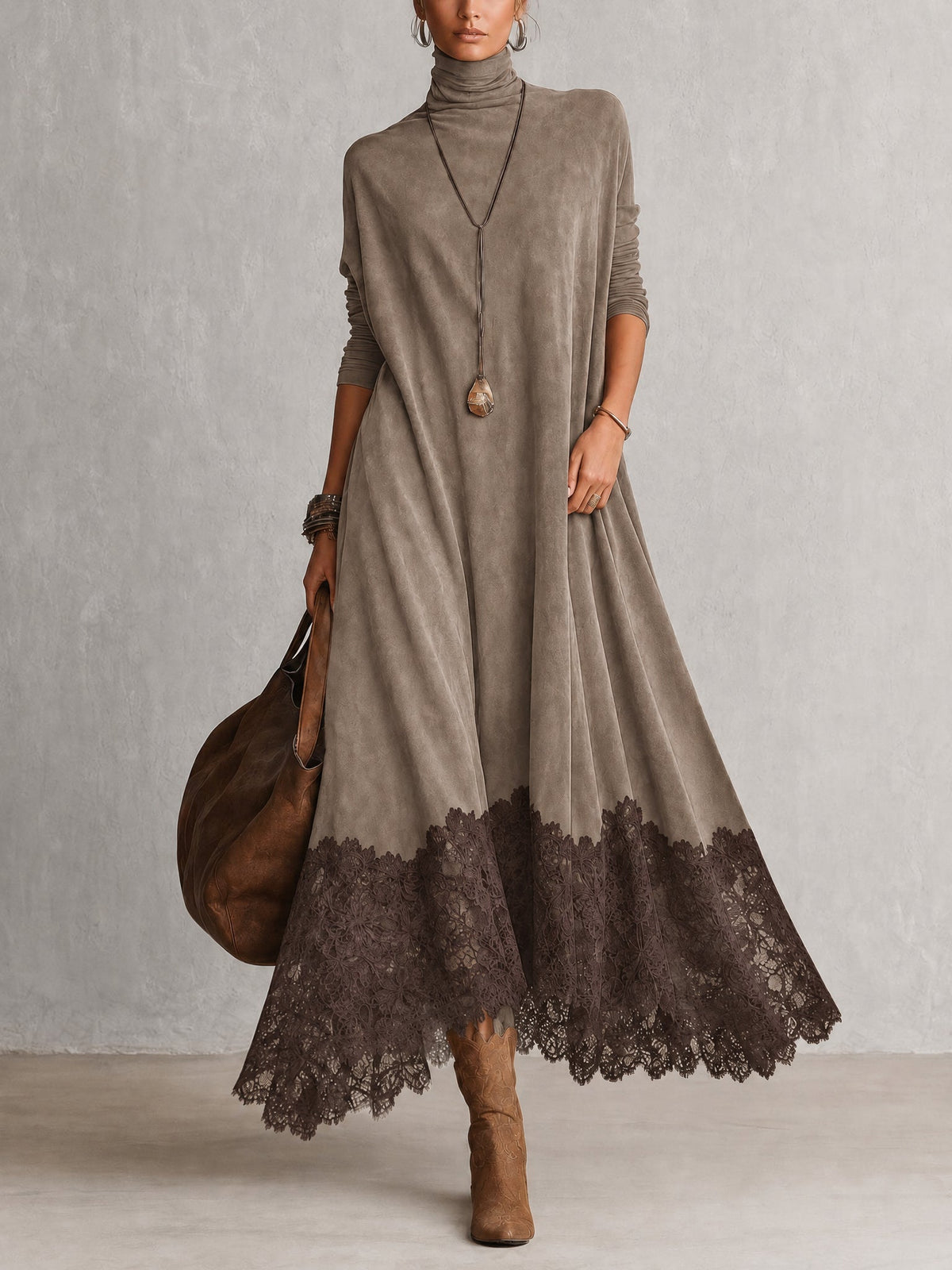 PORZIA | Vestido Largo de Efecto Ante con Bajo de Encaje