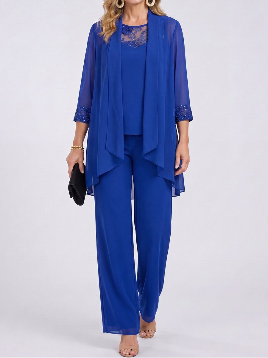 Prisca | Conjunto de Tres Piezas con Chaqueta de Chifón y Pantalones Largos