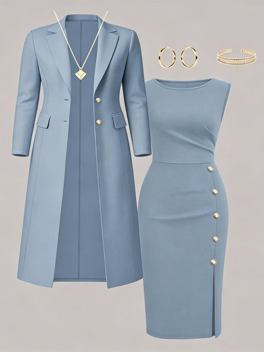Santina | Conjunto de Blazer Larga y Vestido sin Mangas con Botones Dorados