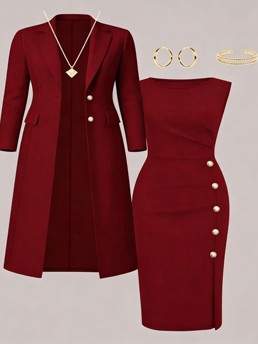 Santina | Conjunto de Blazer Larga y Vestido sin Mangas con Botones Dorados