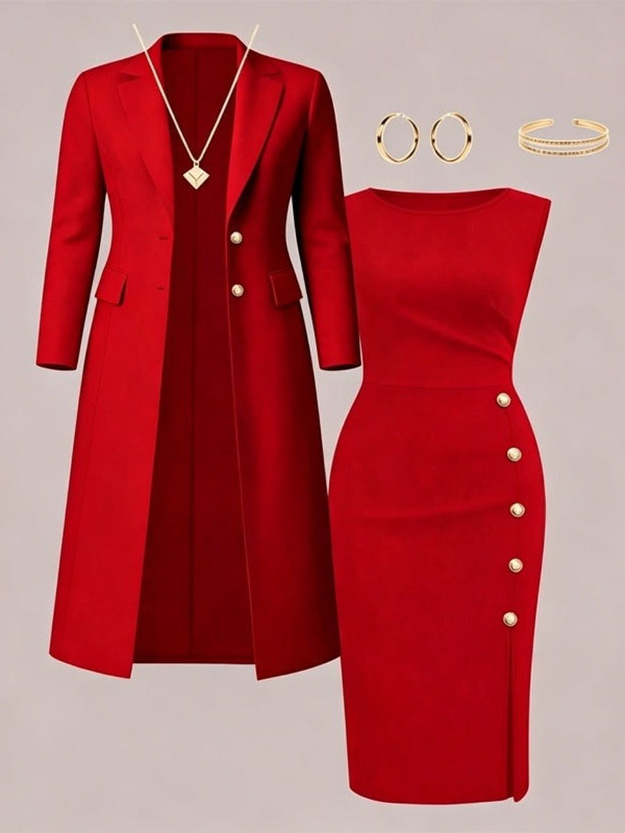 Santina | Conjunto de Blazer Larga y Vestido sin Mangas con Botones Dorados