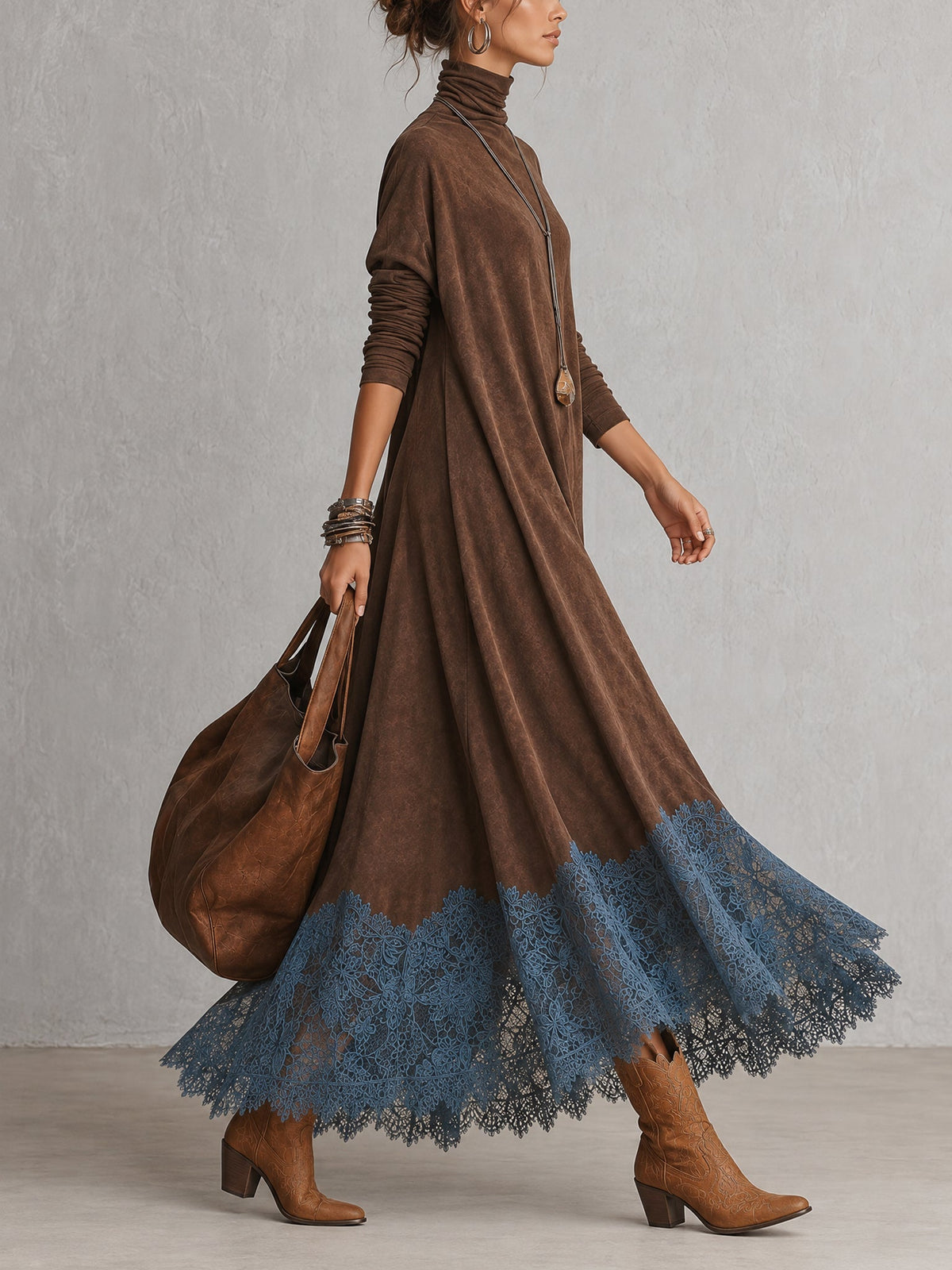 Brunella| Vestido Largo Efecto Ante con Bajo de Encaje