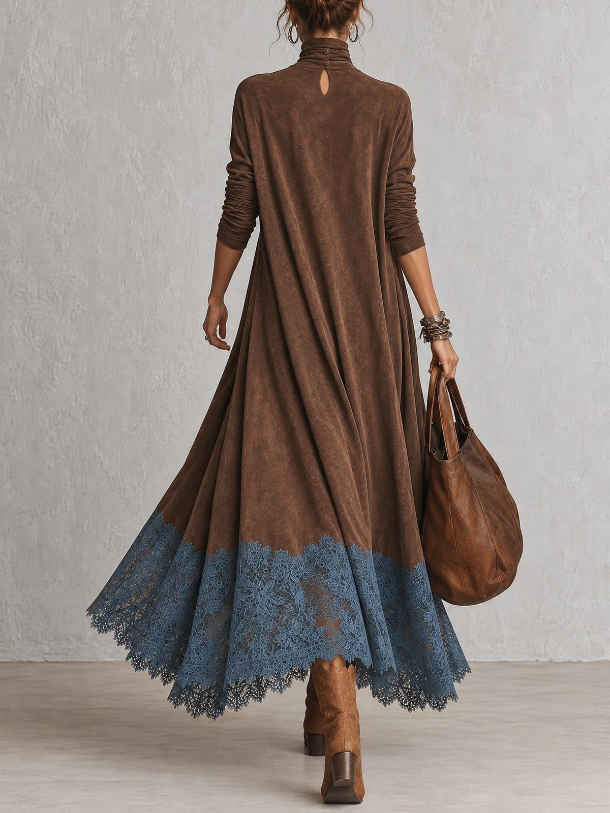Brunella| Vestido Largo Efecto Ante con Bajo de Encaje