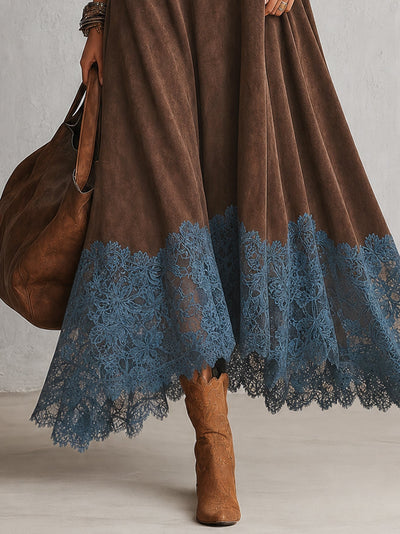 Brunella| Vestido Largo Efecto Ante con Bajo de Encaje