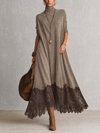 PORZIA | Vestido Largo de Efecto Ante con Bajo de Encaje