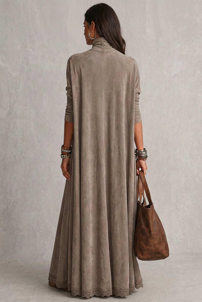 PORZIA | Vestido Largo de Efecto Ante con Bajo de Encaje