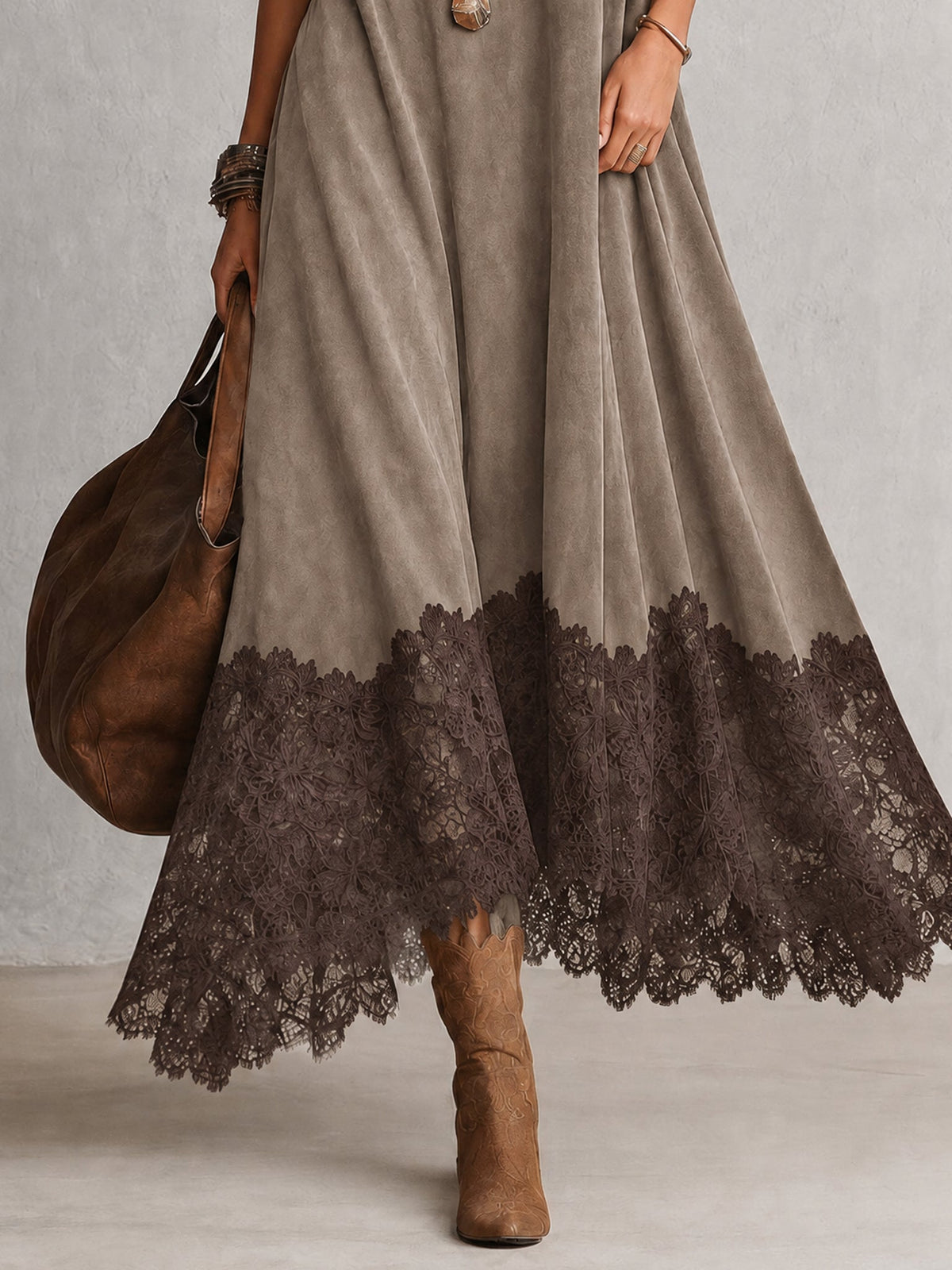 PORZIA | Vestido Largo de Efecto Ante con Bajo de Encaje