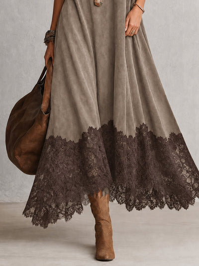 PORZIA | Vestido Largo de Efecto Ante con Bajo de Encaje
