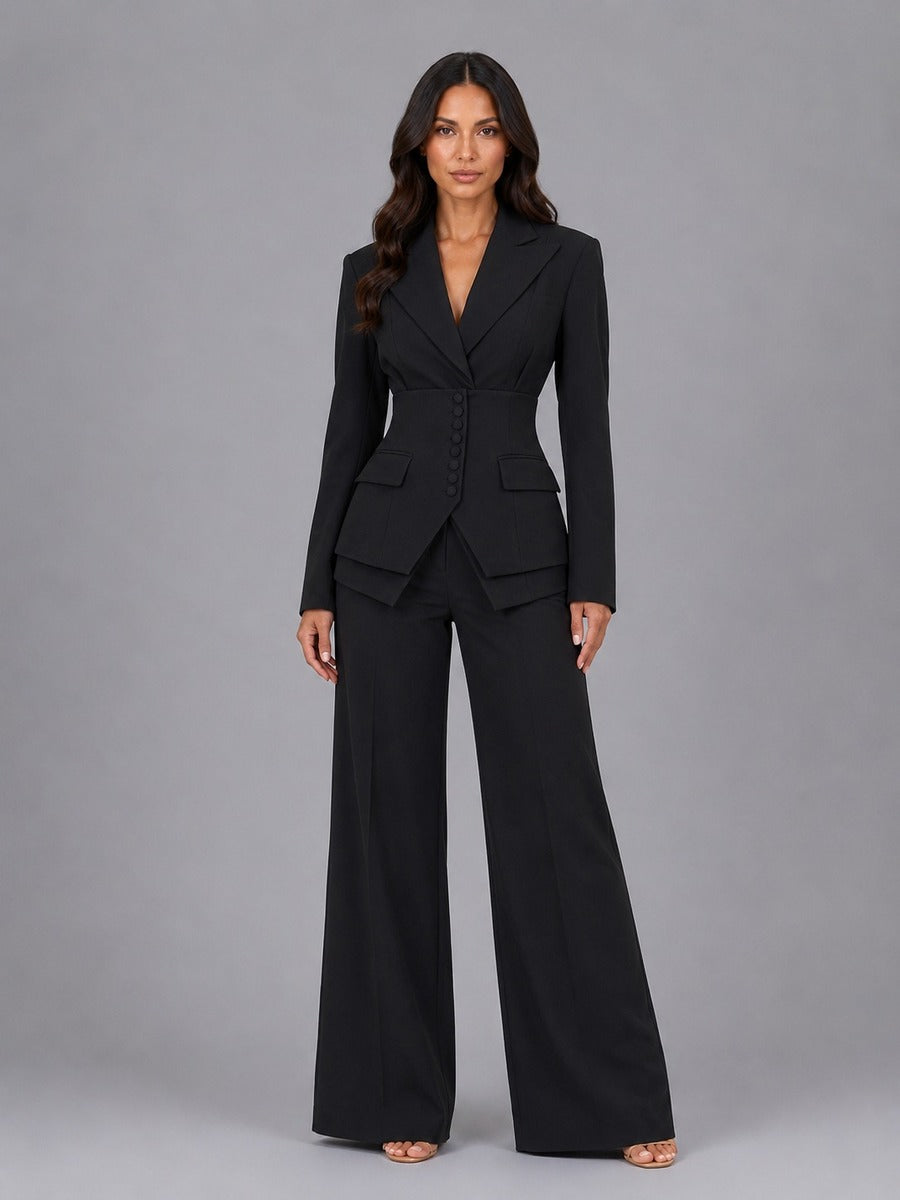 Anselma | Conjunto de Dos Piezas con Blazer Entallada y Lazo en Espalda y Pantalón Palazzo