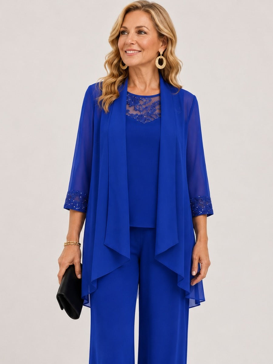Prisca | Conjunto de Tres Piezas con Chaqueta de Chifón y Pantalones Largos