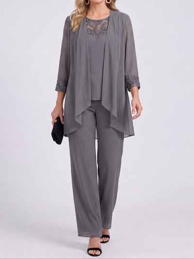 Prisca | Conjunto de Tres Piezas con Chaqueta de Chifón y Pantalones Largos