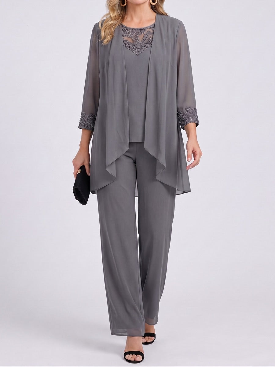 Prisca | Conjunto de Tres Piezas con Chaqueta de Chifón y Pantalones Largos