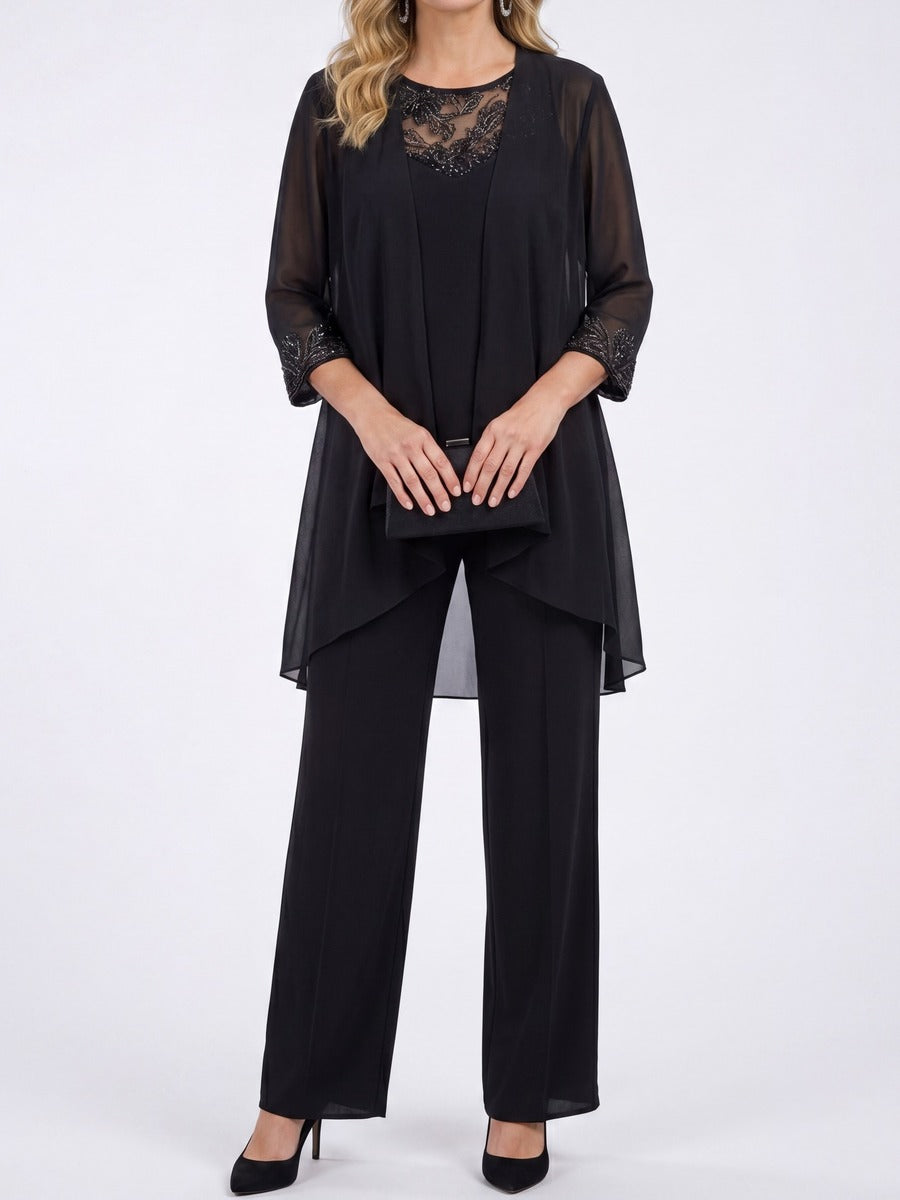 Prisca | Conjunto de Tres Piezas con Chaqueta de Chifón y Pantalones Largos