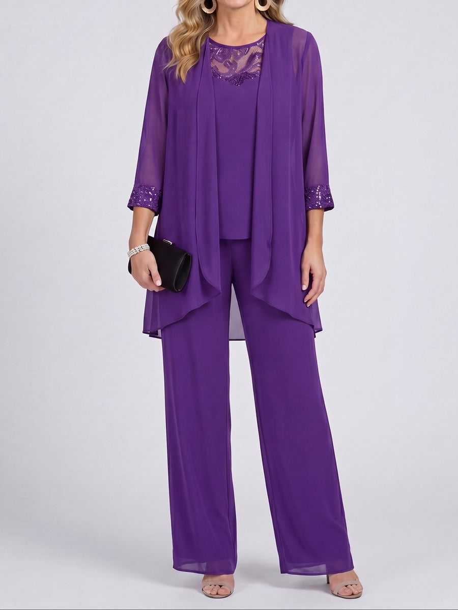 Prisca | Conjunto de Tres Piezas con Chaqueta de Chifón y Pantalones Largos