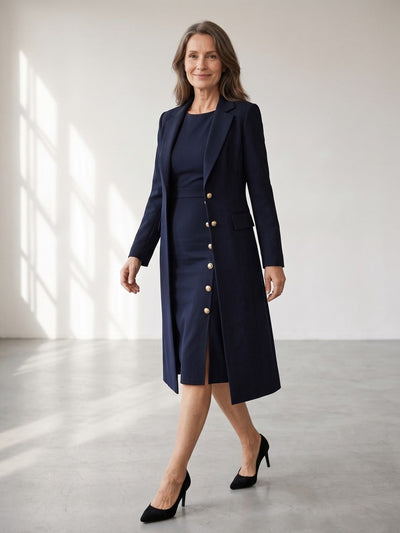 Santina | Conjunto de Blazer Larga y Vestido sin Mangas con Botones Dorados