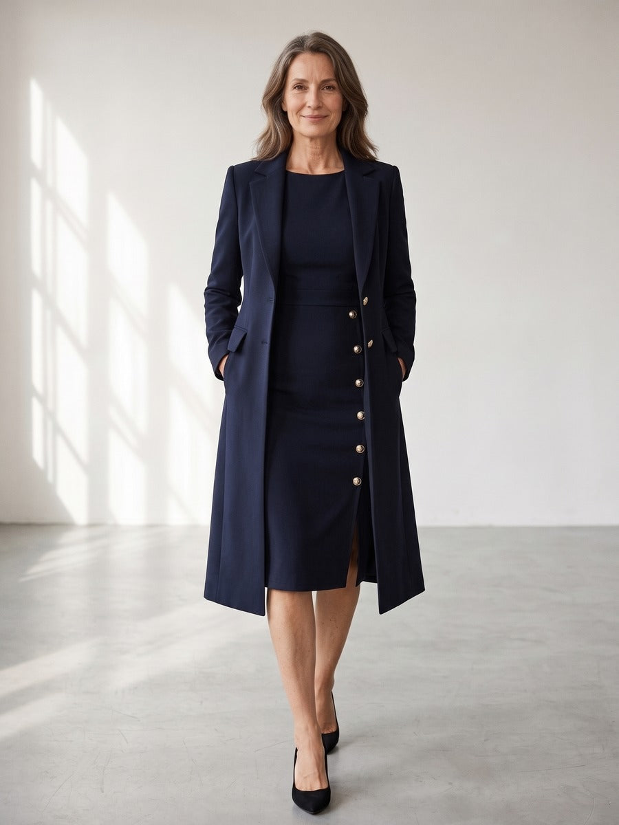 Santina | Conjunto de Blazer Larga y Vestido sin Mangas con Botones Dorados