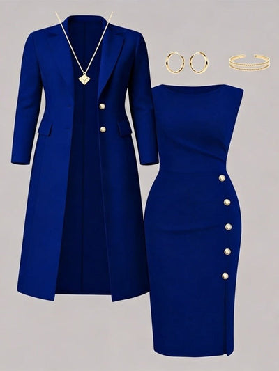 Santina | Conjunto de Blazer Larga y Vestido sin Mangas con Botones Dorados