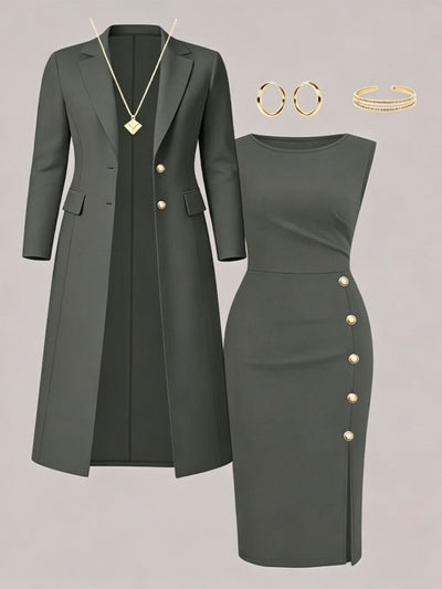 Santina | Conjunto de Blazer Larga y Vestido sin Mangas con Botones Dorados