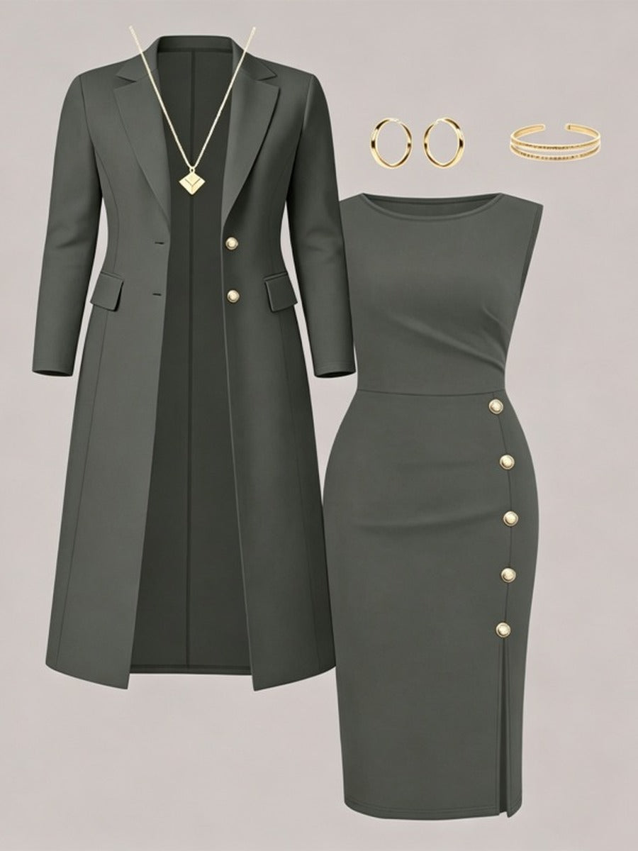 Santina | Conjunto de Blazer Larga y Vestido sin Mangas con Botones Dorados