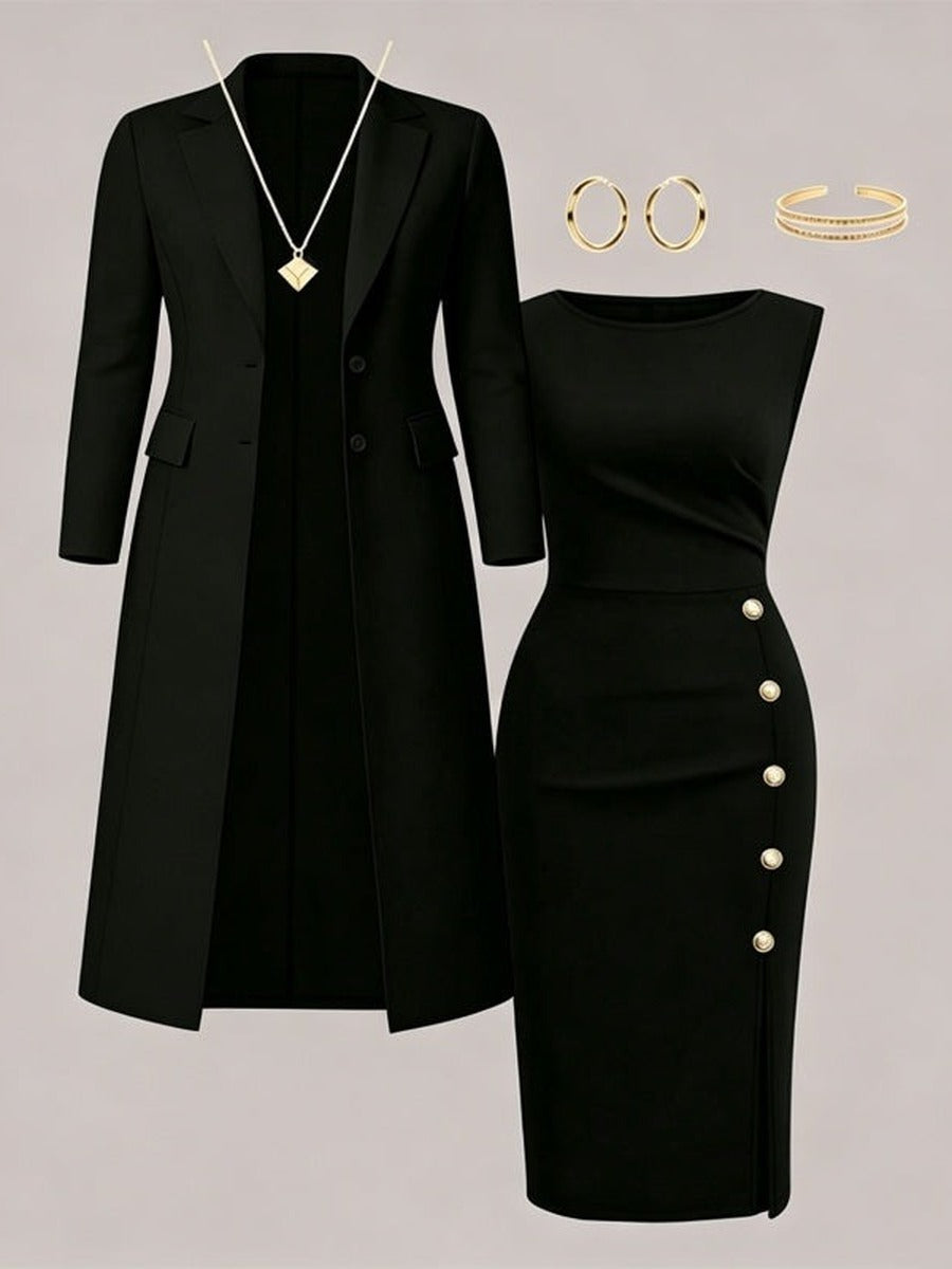 Santina | Conjunto de Blazer Larga y Vestido sin Mangas con Botones Dorados