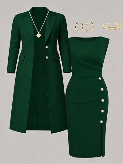 Santina | Conjunto de Blazer Larga y Vestido sin Mangas con Botones Dorados