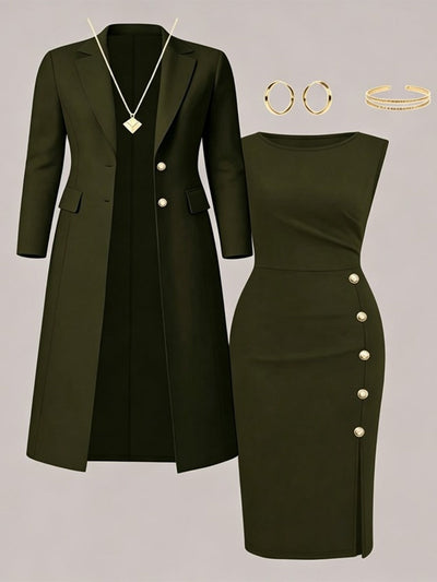Santina | Conjunto de Blazer Larga y Vestido sin Mangas con Botones Dorados